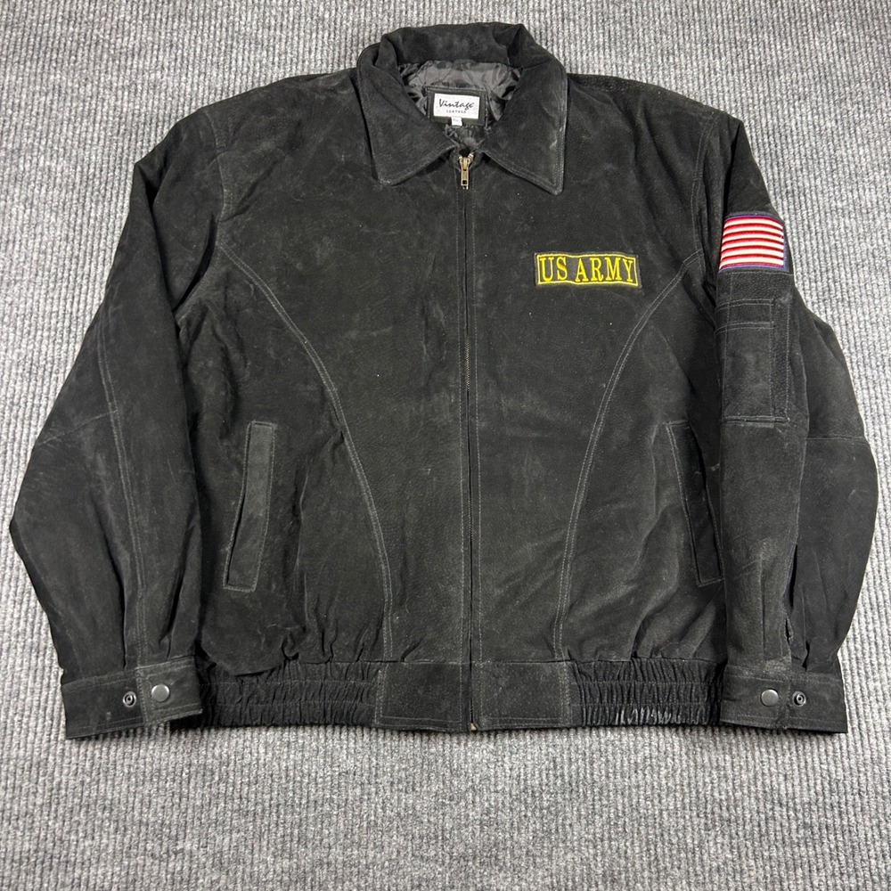 Vintage Leather US Army Suede Bomber Jacket Black 2XL Full Zip Military Patch